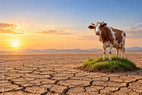 Cow stands on green grass surrounded by cracked dry earth. Space for text.