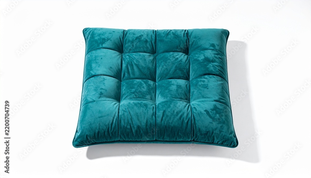 Fototapeta premium Teal Velvet Tufted Floor Pillow Soft Seat Cushion Isolated on White Background