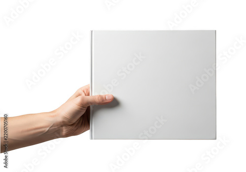 Hand holding a blank square book mockup isolated on transparent background