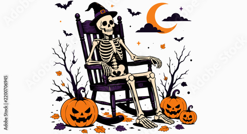 Spooky skeleton wearing a pointy black witch hat while sitting relaxed on an old wooden rocking chair surrounded by carved pumpkins and flying bats in this vibrant Halloween vector graphic illustratio
