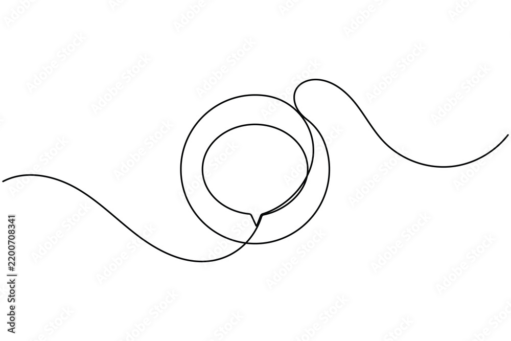 Obraz premium Minimalist monoline speech bubble inside a circle frame icon sign continuous unbroken single line drawing on white background conversation message sending symbol editable outline vector illustration