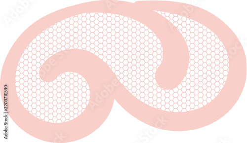 A decorative pink double spiral ornament features a delicate honeycomb mesh texture and smooth curved outlines.