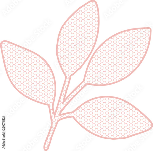 A decorative pink botanical branch with four leaves features a delicate hexagonal honeycomb pattern throughout the design.