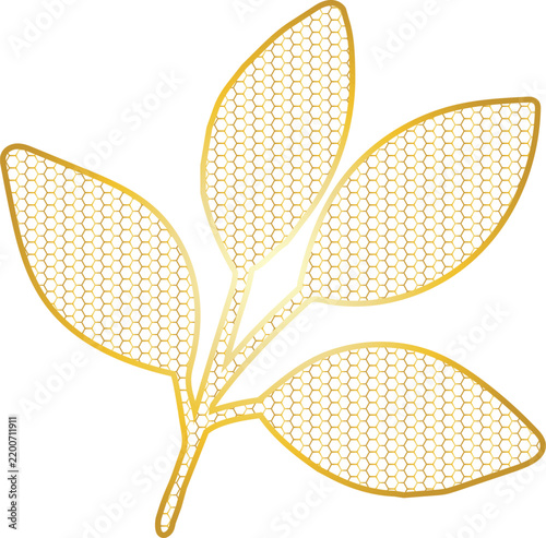 A decorative golden botanical branch with four leaves features an intricate hexagonal honeycomb pattern and elegant metallic detailing.