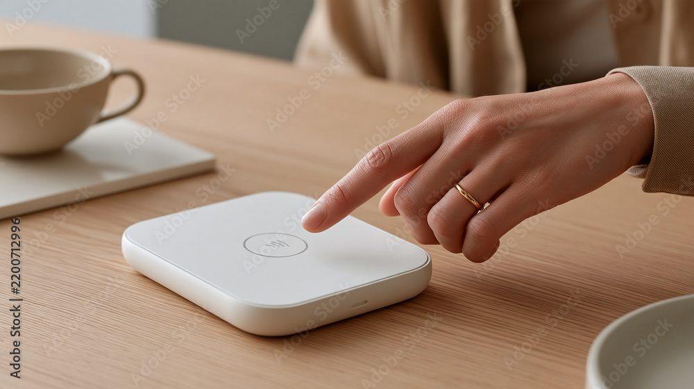 Fototapeta premium Overhead shot of a contactless payment ring on a finger hovering above a white NFC terminal pad, futuristic wearable fintech concept, minimal desk, copy space around the device