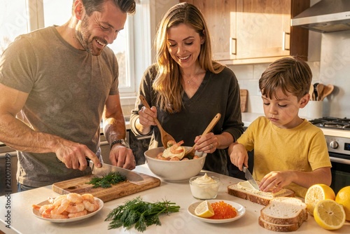 Family preparing Toast Skagen together in modern kitchen, vibrant atmosphere. Concept of shrimp salad on toast with dill, food preparation, sharing moments.