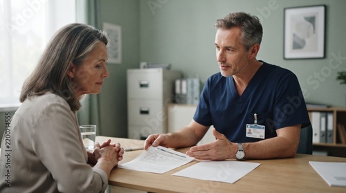 Professional doctor in blue scrubs discussing informed consent document with mature female patient at desk in office.