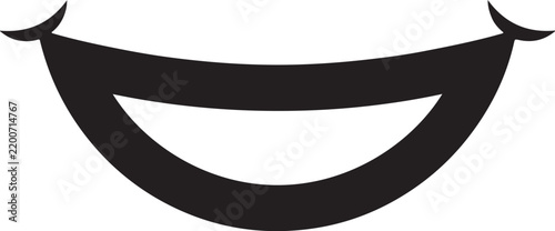 Minimalist black and white of a wide, stylized cartoon mouth with a broad, curved, toothless smile and upturned corners also transparent background