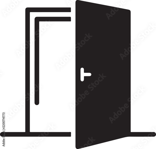 Minimalist black and white icon of an open door, featuring a simple rectangular frame and a handle, isolated on a white background, also transparent background