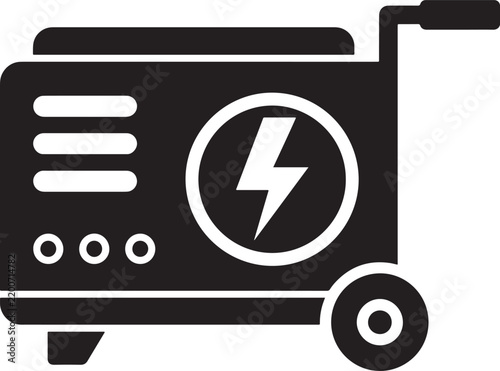 Portable electric generator icon with lightning bolt symbol, black and white silhouette of a power generator on wheels also transparent background