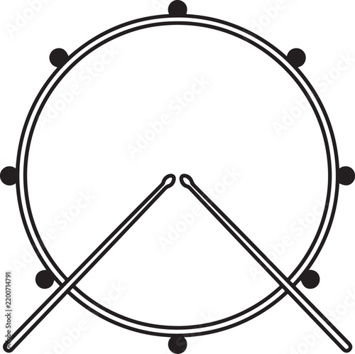 Top-down view of a snare drum with two crossed drumsticks, black and white line of musical percussion instrument also transparent background