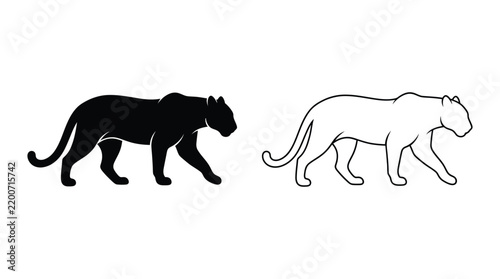 Cougar silhouettes in black and white linear vector illustration