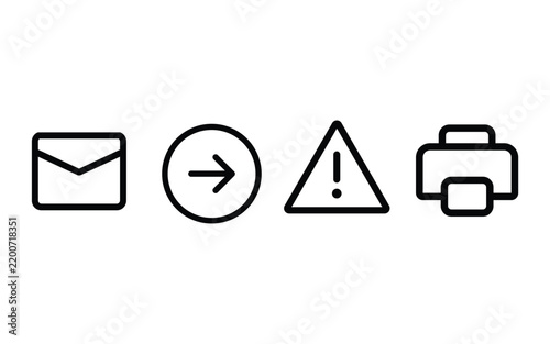 Email, Arrow, Warning and Print Outline Icons Set
