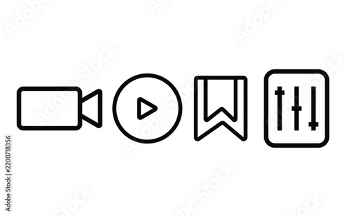 Video, Play, Bookmark and Settings Outline Icons Set