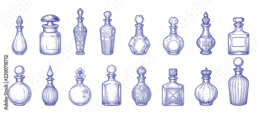 Perfume bottles vector illustration collection with blue etched glass silhouettes.