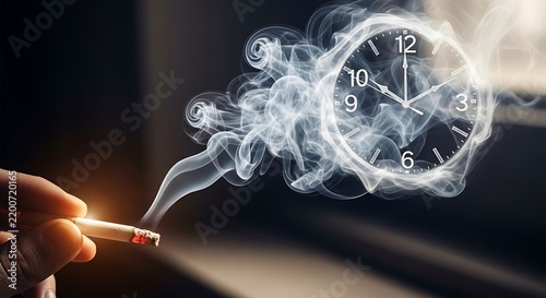 Close-up of a hand holding a lit cigarette with smoke forming a clock face in the background