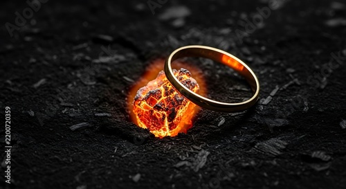 Close-up of a gold ring with fiery molten lava on a dark textured surface