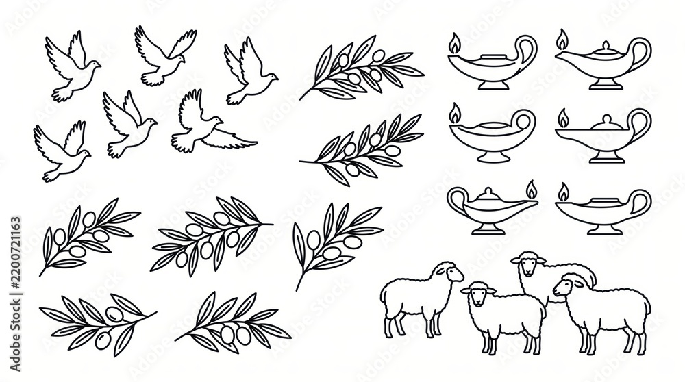 Obraz premium christian biblical line art icon set with doves, olive branches, oil lamps, and sheep. christmas religious peace elements. flat outline graphic, banner, website header.