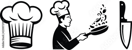 Set of chef cooking icons including toque hat professional cook and kitchen knife silhouette illustrations