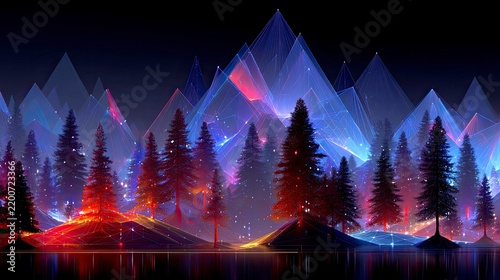 Minimalistic neon mountain landscape with glowing pine trees and geometric light patterns over reflective water at night