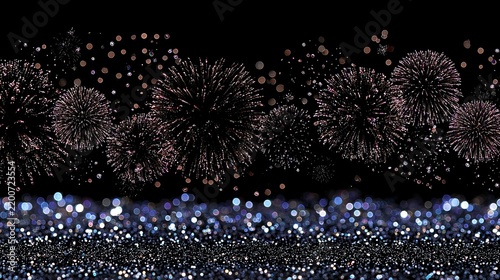 Minimalistic new year's background with sparkling fireworks and bokeh lights over glittering blue foreground on black night sky