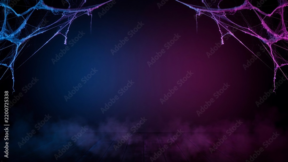 Obraz premium Spooky Halloween background with blue and purple neon light, fog, and cobwebs