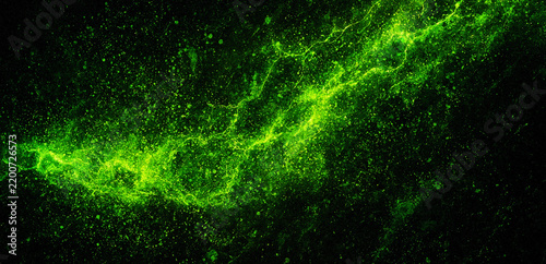Fotografie Bioluminescent algae bloom glowing in dark ocean water with vibrant green fluore