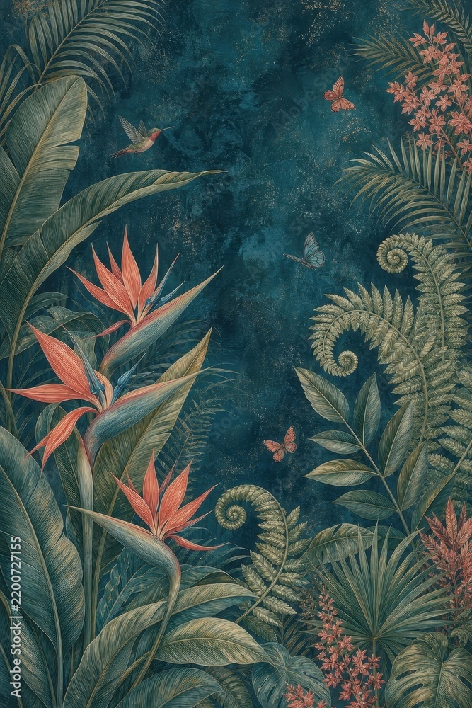Obraz premium Vintage tropical jungle foliage with flowers, ferns, birds and butterflies