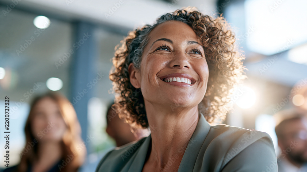 Fototapeta premium Mature businesswoman smiling confidently during a corporate meeting cropped shot from below the eyes with colleagues blurred in the background bright modern office soft even lighting