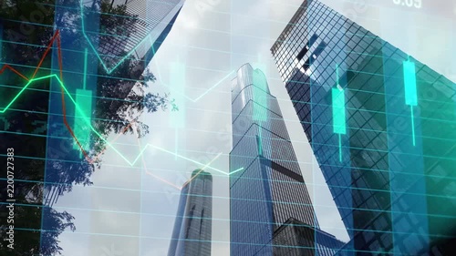 Financial district skyscrapers with stock market overlay featuring candlestick and line chart data representing corporate business economy and investment trading