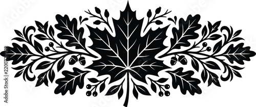 Detailed black and white vector illustration featuring autumn leaves and acorns in symmetrical design