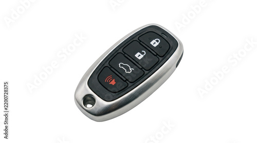 Modern car key fob with remote entry and alarm buttons isolated on transparent background