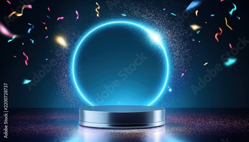Prize Stage Featuring Silver Award Podium and Neon Light Round Frame for Product Showcase