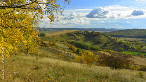 Foto An autumnal landscape in the hills of Mures, with trees in their autumn colours and cumulus clouds in the sky