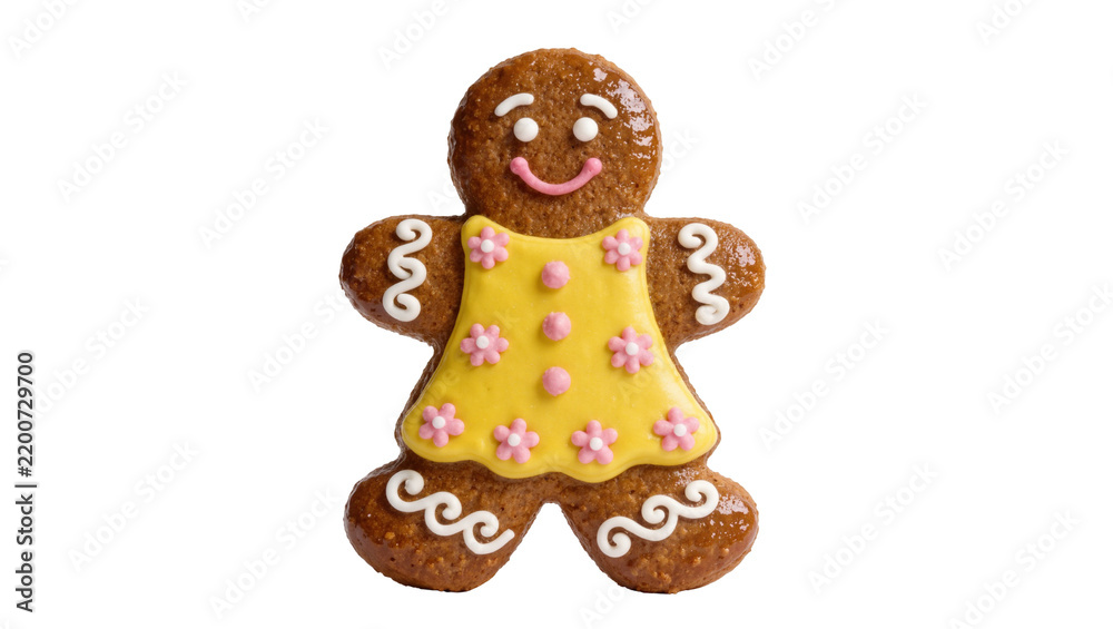 Fototapeta premium Gingerbread woman cookie with yellow dress and pink flowers, isolated on transparent background