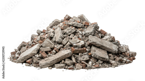 A large pile of construction debris consisting of broken concrete slabs, red bricks, and rubble isolated on transparent background