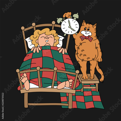 A cat wakes its owner up early in the morning by holding a large alarm clock over his ear. Cartoon style. Vector illustration