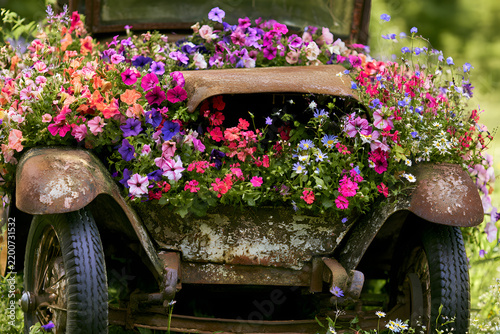 Old rusty car transformed into a vibrant flower planter, overflowing with colorful petunias and wildflowers, creating unique garden art.