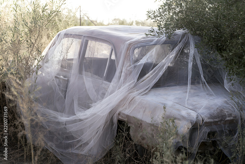An old, rusty car covered with a sheer white fabric, abandoned in an overgrown field, evoking a sense of decay and mystery.