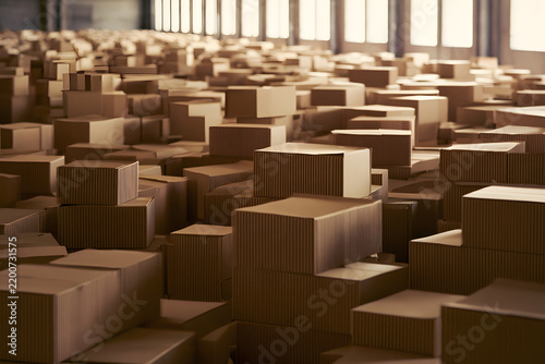 Countless brown cardboard boxes stacked in a vast room, creating an abstract, textured landscape under natural light from large windows.