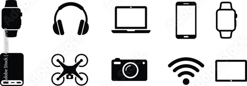 Set of black electronic device icons on a white background