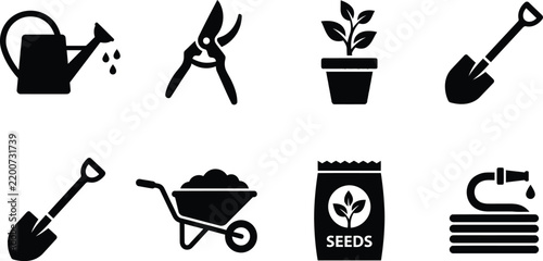 Set of black and white gardening tools and accessories arranged for branding or instructional use
