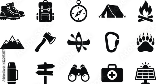 Set of essential camping gear icons for outdoor adventure and hiking equipment branding