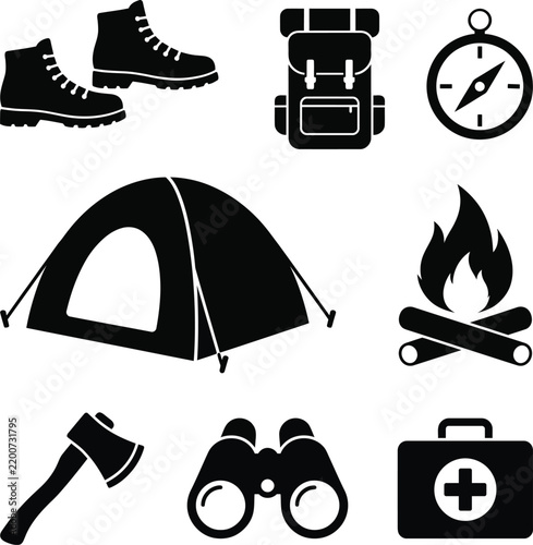 Camping gear and outdoor adventure equipment icon set