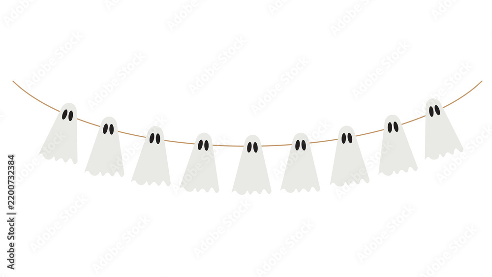 Fototapeta premium Hanging garland banner with cute white ghost cutouts halloween decor wall decor paper cut party supplies holiday spirit trick or treat halloween decoration seasonal illustration
