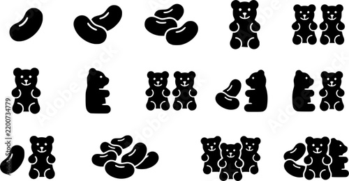 Jelly Bean & Gummy Bear Silhouette Icon Set. Collection of food & culinary silhouettes, including jelly bean & gummy bear, detailed dessert and sweets shapes, and more.