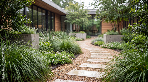 Modern residential garden path with stepping stones, gravel walkway, lush ornamental grasses, concrete planters and wood clad house exterior view