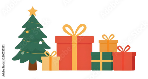 Set Christmas Tree and Gift Boxes Vector Graphic Illustration Holiday Banner Design Backdrop