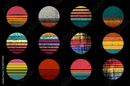 Set of distressed grunge retro vintage striped sunset backgrounds.