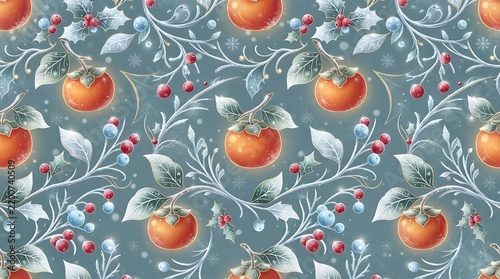 Close-up of persimmons and berries pattern on fabric with natural colors